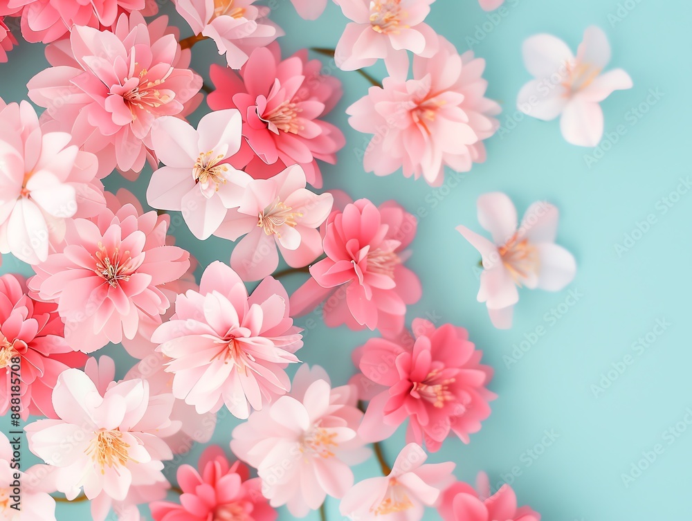 Pink and white cherry blossoms arranged on a blue background. Pink and white cherry blossoms arranged on a blue background.