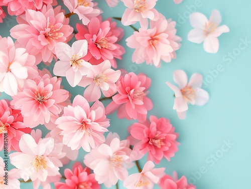 Pink and white cherry blossoms arranged on a blue background.