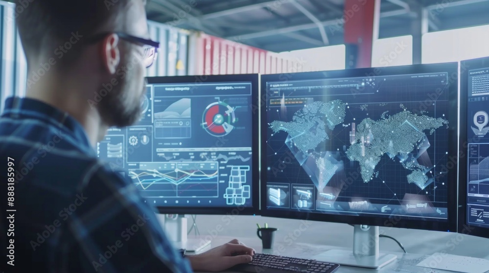 A high-tech logistics dashboard displaying data analytics, performance metrics, and real-time tracking, used by a logistics expert to optimize operations. A high-tech logistics dashboard displaying data analytics, performance metrics, and real-time tracking, used by a logistics expert to optimize operations.