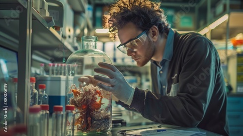 A laboratory setting with a scientist examining a large jar containing a preserved specimen. The jar is filled with a clear solution