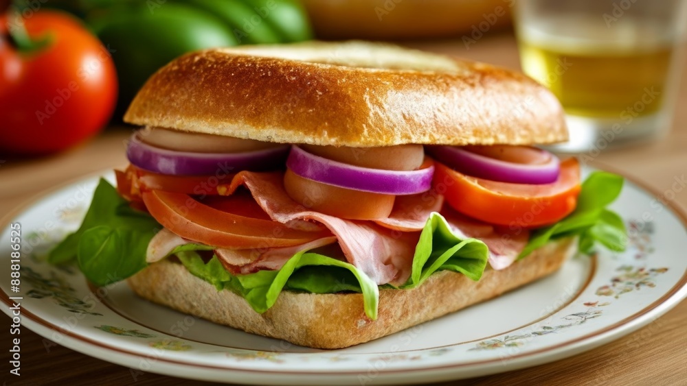 Deliciously stacked sandwich ready to be savored Deliciously stacked sandwich ready to be savored