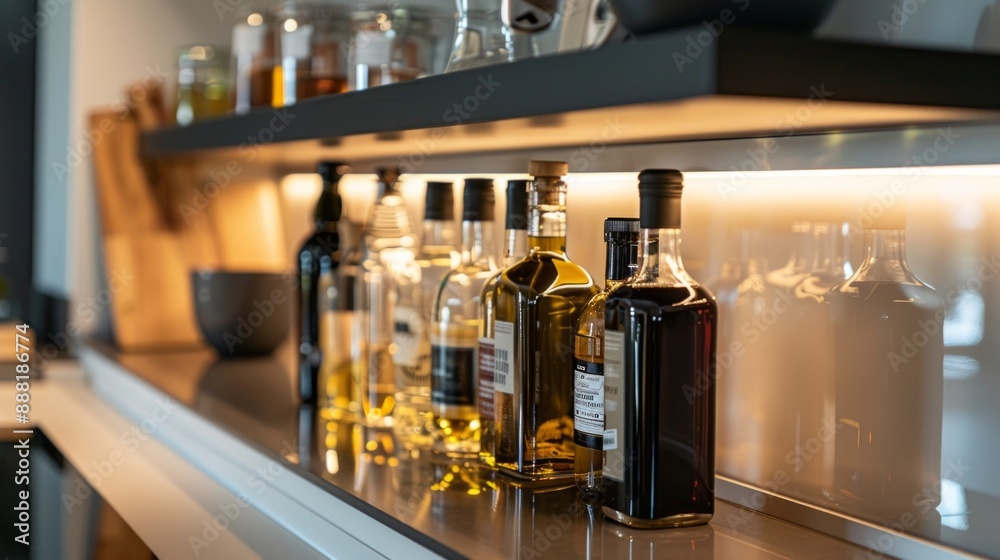 A modern kitchen with glass bottles of various oils and vinegars neatly arranged on a countertop. The sleek, minimalistic design highlights the bottles' clarity and labels. A modern kitchen with glass bottles of various oils and vinegars neatly arranged on a countertop. The sleek, minimalistic design highlights the bottles' clarity and labels.