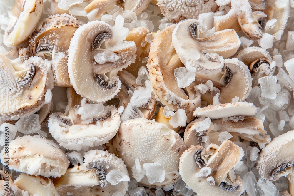 Close-Up of Frozen Mushroom Slices with Icy Frost, Offering Nutritious and Umami-Rich Flavor, Ready-to-Cook for Soups, Sauces, and Vegan Dishes Close-Up of Frozen Mushroom Slices with Icy Frost, Offering Nutritious and Umami-Rich Flavor, Ready-to-Cook for Soups, Sauces, and Vegan Dishes