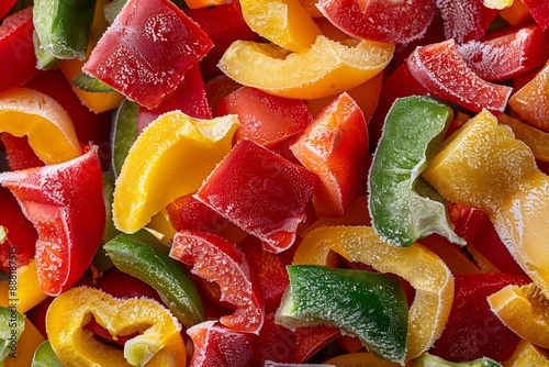 Frozen Mixed Bell Peppers in Red, Yellow, and Green, Showing the Vibrant Colors and Frosted Texture