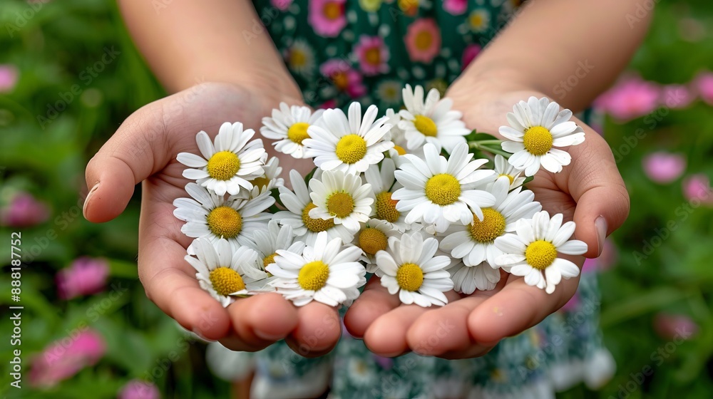 Child presenting handful of daisies, summer flowers in young hands, outdoor floral scene, innocence, nature's beauty concept Child presenting handful of daisies, summer flowers in young hands, outdoor floral scene, innocence, nature's beauty concept