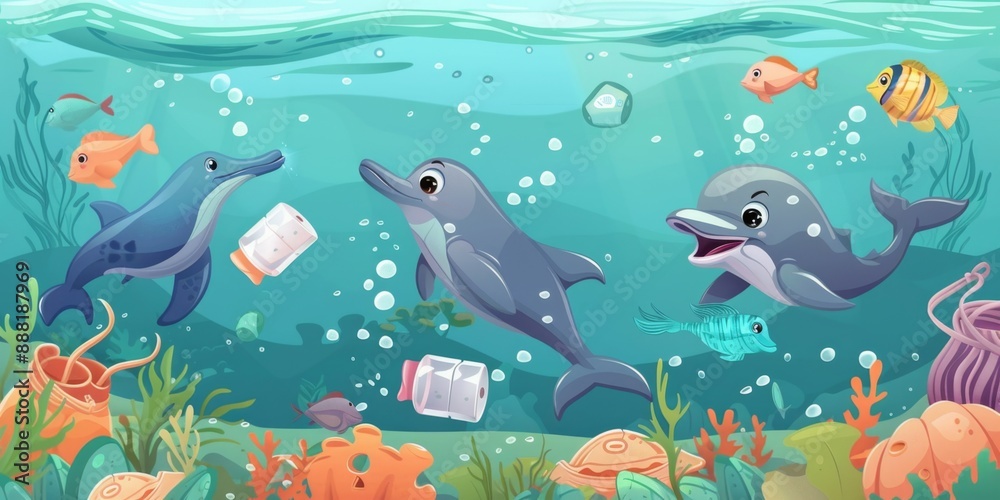 Obraz premium Eco Heroes of the Deep: A Vibrant 3D Cartoon Assembly of Marine Creatures Tackling Plastic Waste, A Call to Preserve Our Oceans, Perfect for Eco-Centric Advertisements and Invitations, 4K Ultra HD Ren