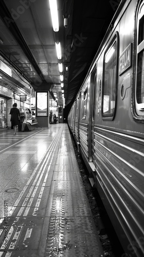 Monochrome shot of empty train station with vintage train, illuminated by overhead lights, showcasing urban transportation, travel mood concept