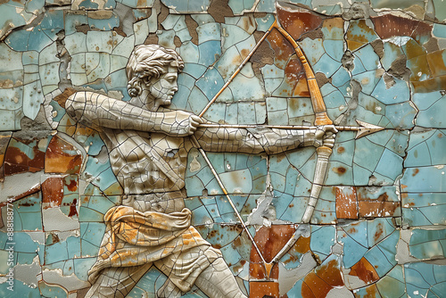 A statue of a man holding a bow and arrow made with tiles. It is to the zodiac sign of sagittarius.