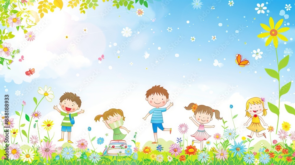 Obraz premium Illustration of happy children playing in a colorful spring meadow, flowers blooming, butterflies flying, and bright sunshine, cheerful kids in nature, childlike fun, happy childhood concept