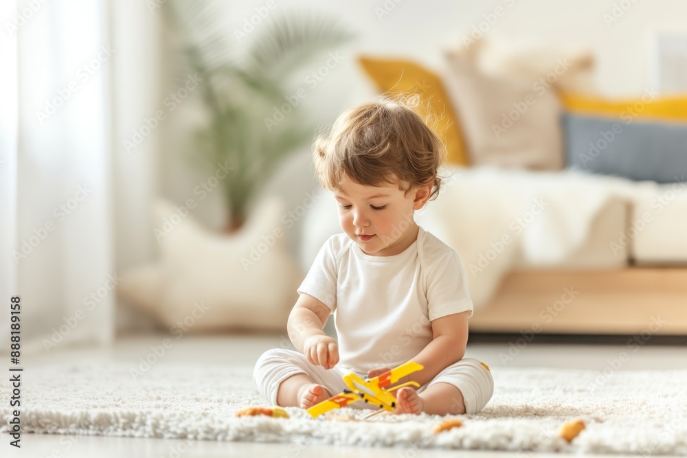 Baby playing with toy airplane on the carpet. Baby playing with toy airplane on the carpet.