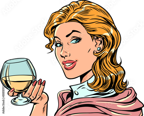 Pop Art Retro A beautiful girl is holding a glass of drink. Seasonal offers of alcoholic drinks. Advertising of the establishment.
