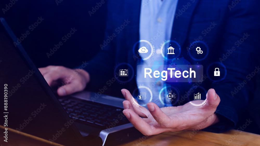 Regtech, Regulatory technology concept, management of regulatory processes with financial industry through technology, Regulatory monitoring, reporting and compliance, Machine learning tech. Regtech, Regulatory technology concept, management of regulatory processes with financial industry through technology, Regulatory monitoring, reporting and compliance, Machine learning tech.
