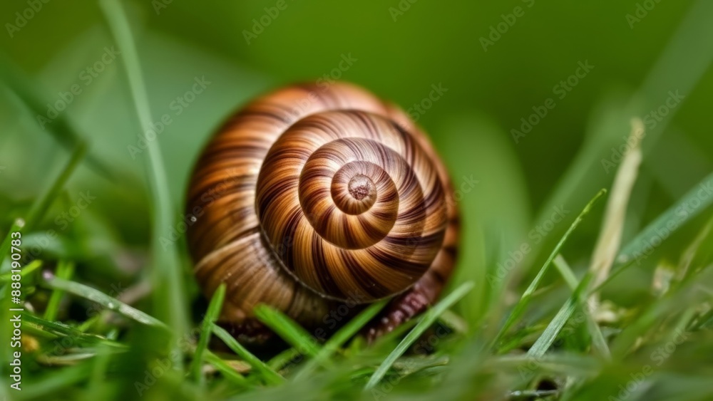Natures intricate design A snails spiral shell in the grass Natures intricate design A snails spiral shell in the grass