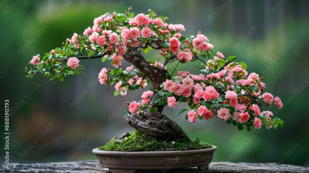 Elegant rose bonsai tree with pink blossoms Elegant rose bonsai tree with pink blossoms