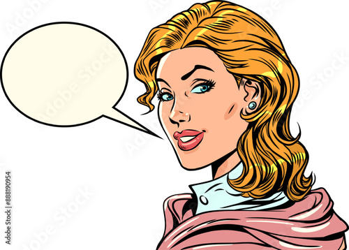 Pop Art Retro The woman looks at you and speaks into a cloud. Offers a choice for the client. Notifications about company news and promotions.