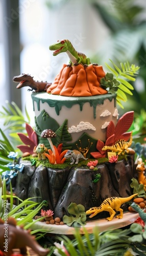 Dinosaur-Themed Birthday Cake with Volcano and Jungle Decorations for Kids' Party** photo