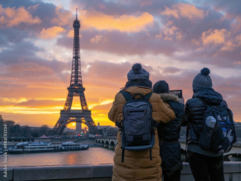 Fototapeta Tourists admire the Eiffel Tower at sunset in Paris, capturing breathtaking views and memorable moments with their cameras.