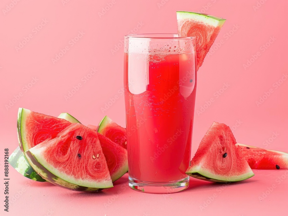 A refreshing glass of watermelon juice surrounded by fresh watermelon slices on a vibrant pink background. A refreshing glass of watermelon juice surrounded by fresh watermelon slices on a vibrant pink background.
