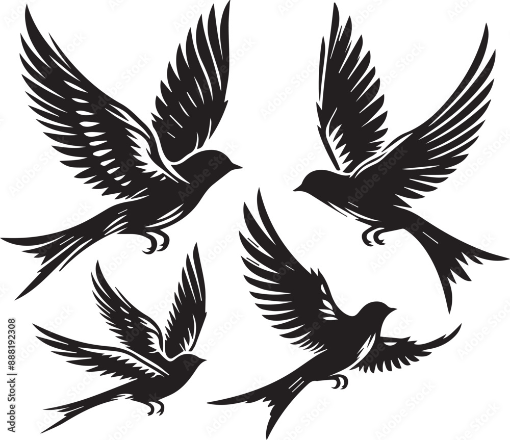 Fototapeta premium Flying Bird silhouette vectors on a white page high quality high resolution, black color isolated on white background