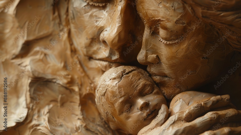 Carved mother and child sculpture. Close up detail of a carved mother and child sculpture. Carved mother and child sculpture. Close up detail of a carved mother and child sculpture.