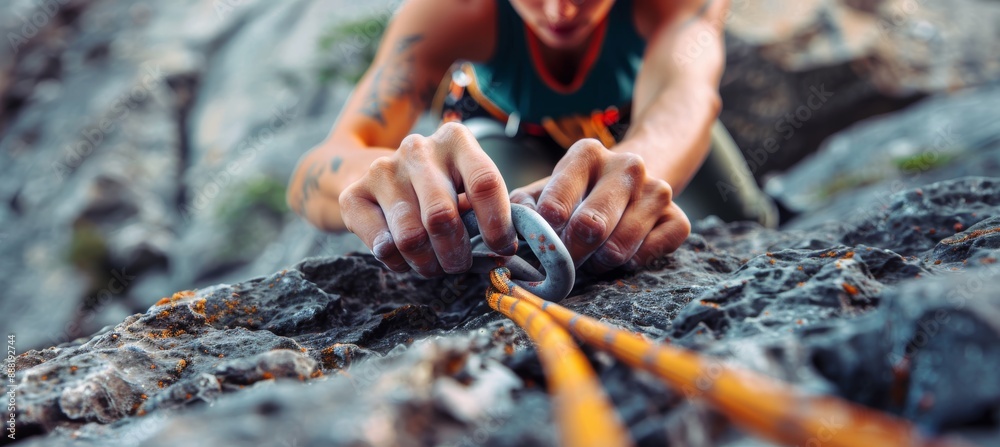 Obraz premium Climber Performing Finger Exercises with Grip Strengthener on Rock Wall