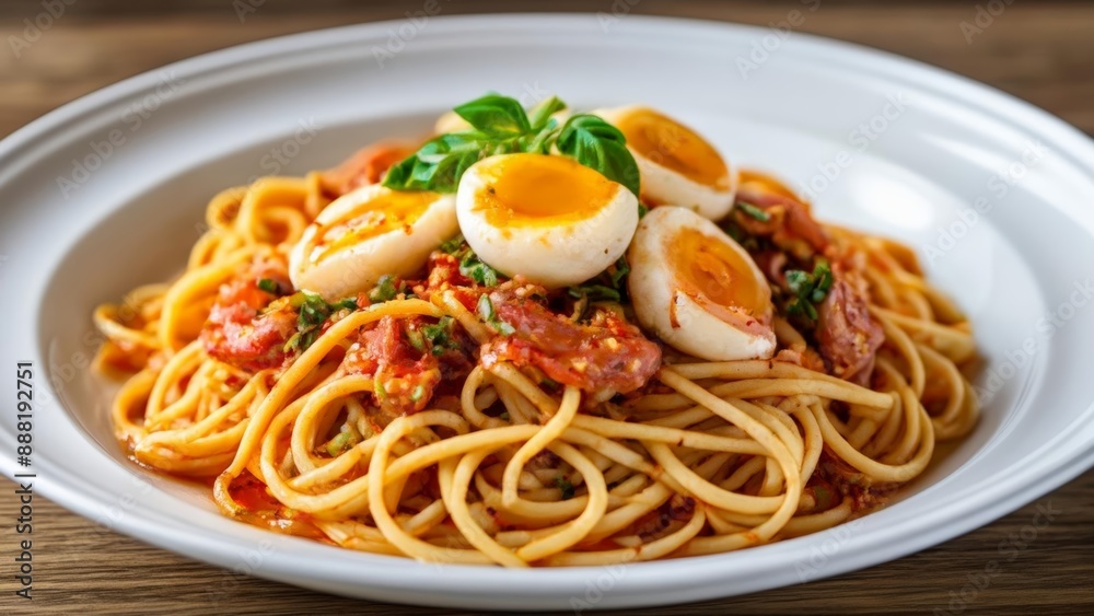 Delicious pasta dish with sunnysideup eggs and fresh herbs Delicious pasta dish with sunnysideup eggs and fresh herbs