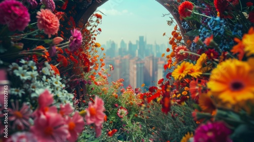 Wallpaper Mural Colorful flowers cityscape view. Vibrant flowers frame a view of a city skyline, offering a beautiful contrast of nature and urban life. Torontodigital.ca