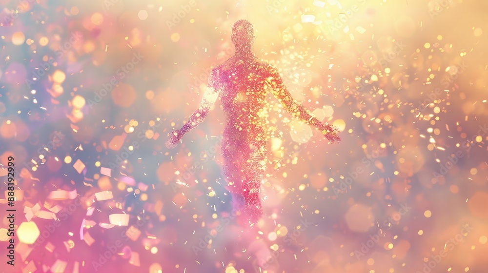 Glowing figure in light burst. Abstract image of a person glowing with light and surrounded by sparkling particles. Glowing figure in light burst. Abstract image of a person glowing with light and surrounded by sparkling particles.
