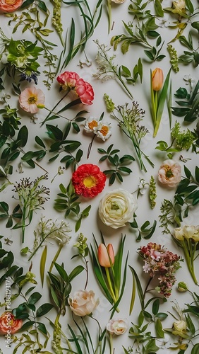Floral pattern with spring flowers and leaves on white background flat lay composition