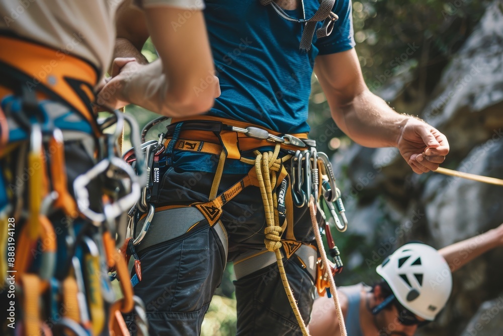Climbing Safety Check, Teamwork, Preparing for a Rock Climb Adventure, Securing Climbing Gear Climbing Safety Check, Teamwork, Preparing for a Rock Climb Adventure, Securing Climbing Gear