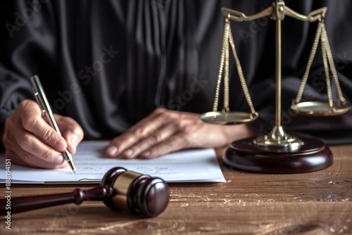 close-up photo of a judge's hands writing on a document with a gavel and scale on the desk.