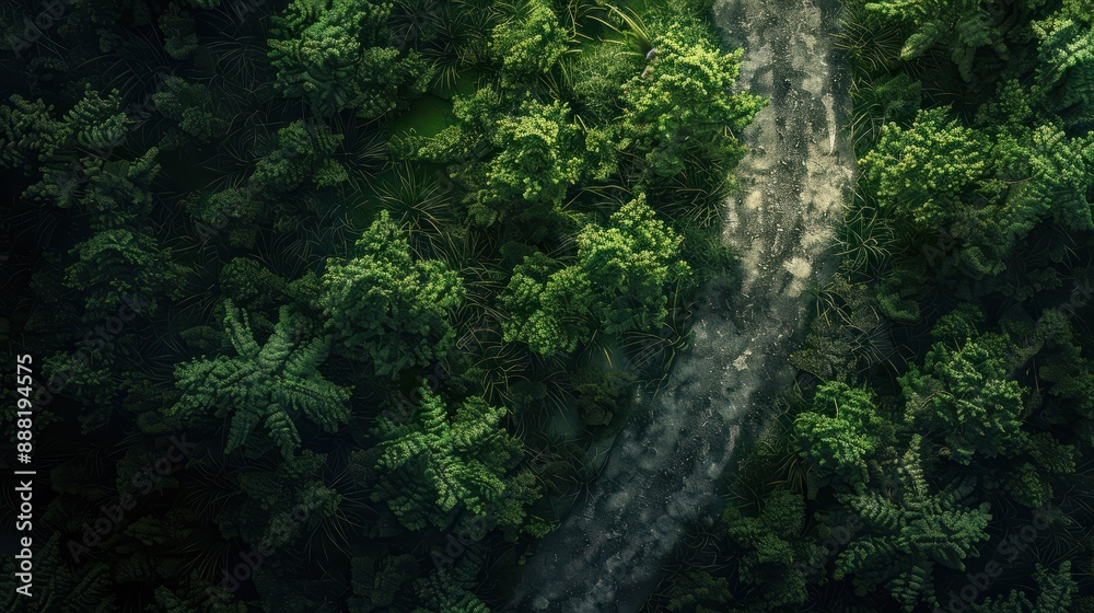 Fototapeta premium Aerial top view, mountaint road in dark green forest,