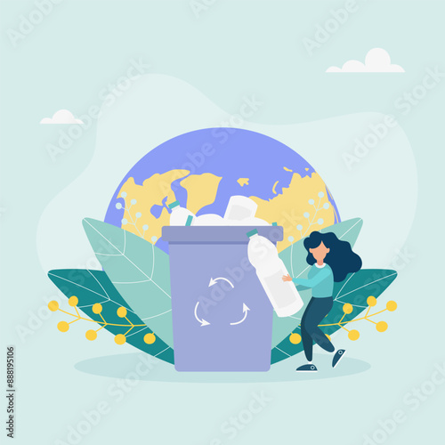 The character sorts garbage into containers for recycling and reuse. Garbage recycling. Zero waste concept. Vector illustration.	