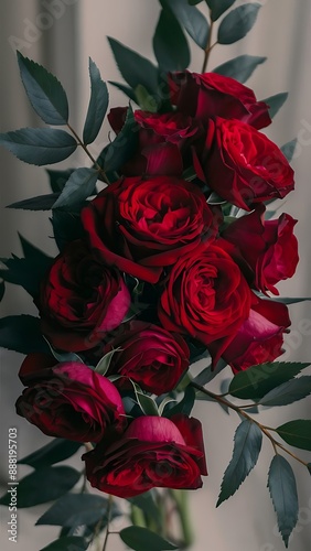 Bouquet of roses decorated green leaves