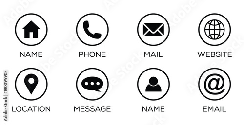 Contact and web icons set. Contact, connection and location symbols. Communication icon set.