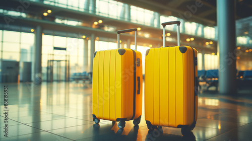 Two yellow suitcases standing in empty airport terminal, Summer travel, copy space
