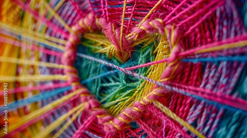 Colorful woven heart pattern. Close-up of a woven heart pattern with colorful threads.