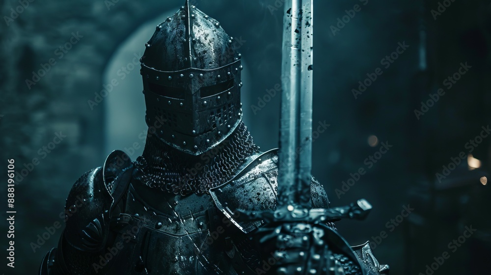 Medieval knight in armor holding sword. A courageous knight in full ...