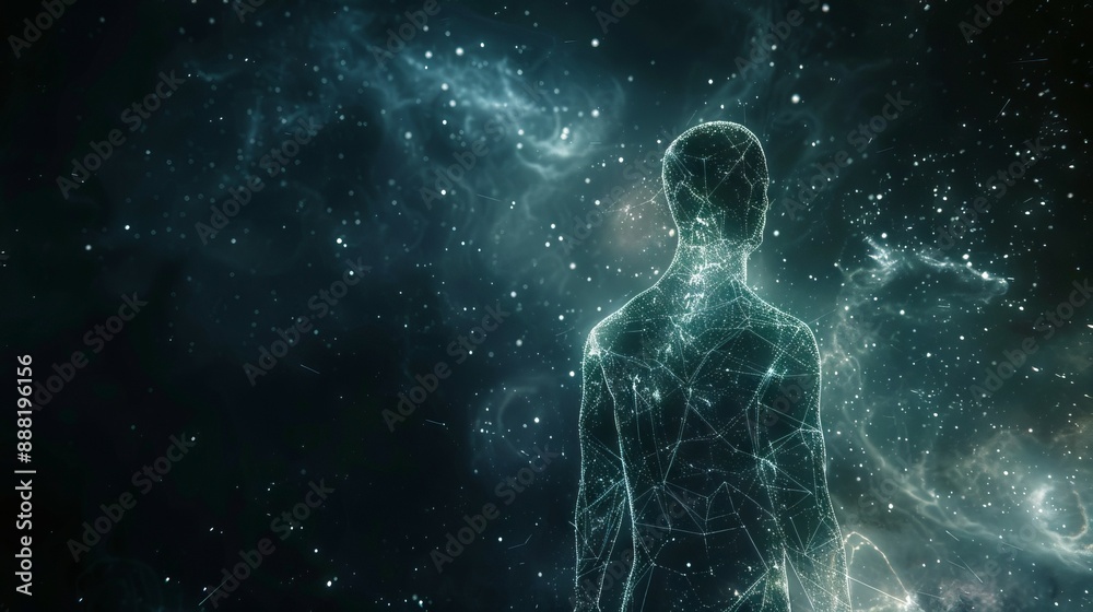 Cosmic human figure, starry galaxy background. Digital art of a human form composed of constellations and stars in space. Cosmic human figure, starry galaxy background. Digital art of a human form composed of constellations and stars in space.