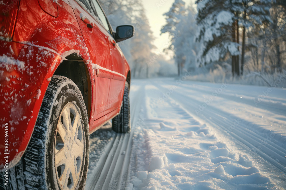 Naklejka premium close up view of car wheel on snowy road