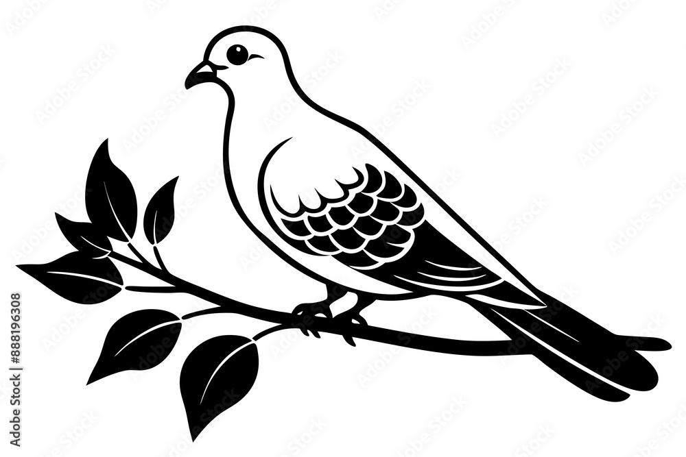Fototapeta premium Dove leaning on a branch in tree with a flower in its beak vector art illustration