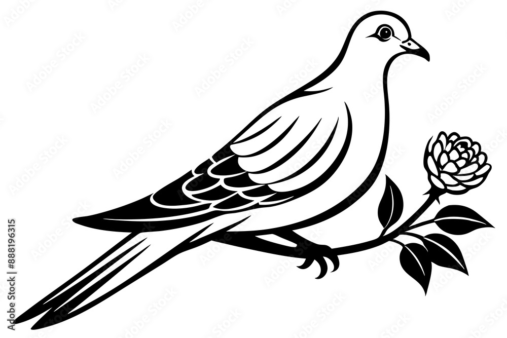 Dove leaning on a branch in tree with a flower in its beak vector art illustration Dove leaning on a branch in tree with a flower in its beak vector art illustration