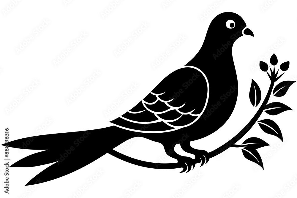 Dove leaning on a branch in tree with a flower in its beak vector art illustration