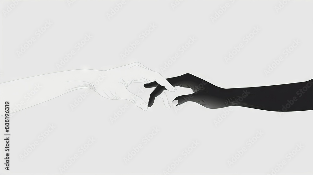 Reaching out, hands touching. Black and white hands reaching out to touch each other. Concept of unity and connection. Reaching out, hands touching. Black and white hands reaching out to touch each other. Concept of unity and connection.