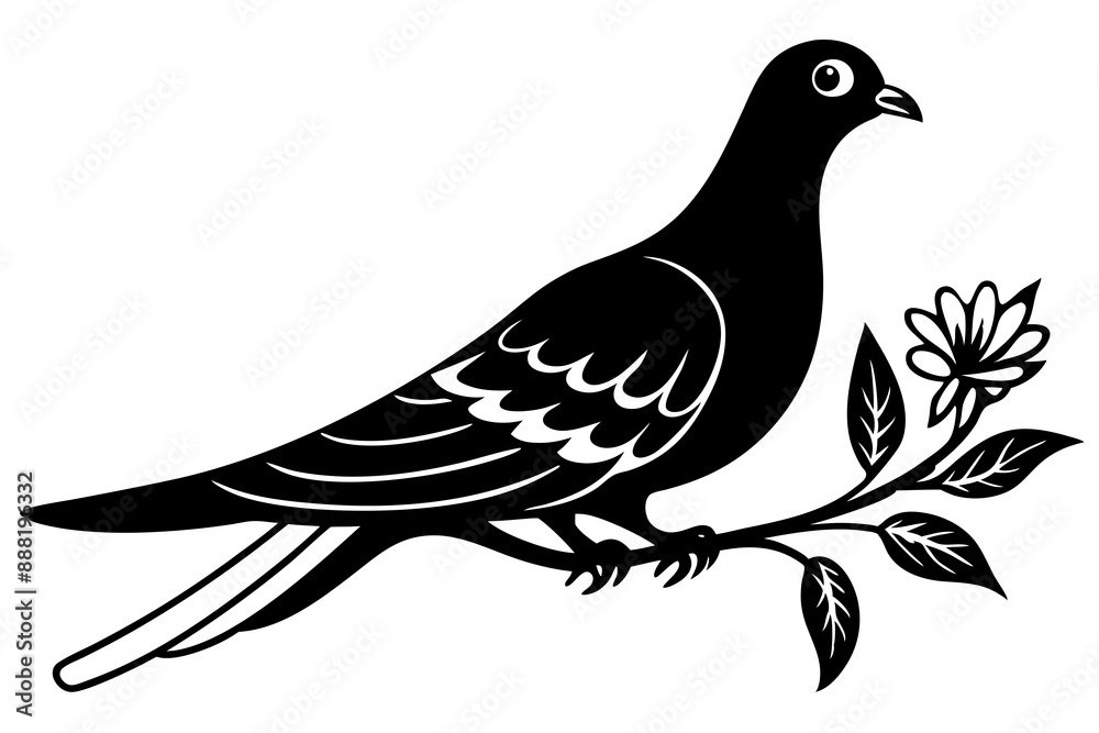Dove leaning on a branch in tree with a flower in its beak vector art illustration Dove leaning on a branch in tree with a flower in its beak vector art illustration