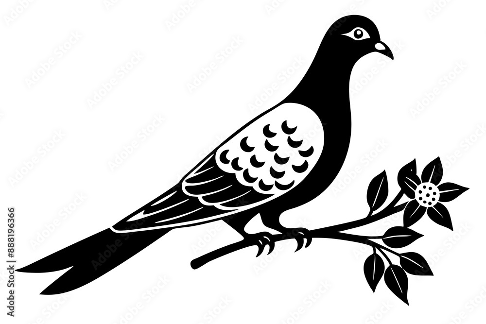 Dove leaning on a branch in tree with a flower in its beak vector art illustration Dove leaning on a branch in tree with a flower in its beak vector art illustration