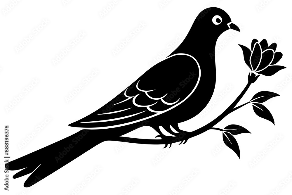 Obraz premium Dove leaning on a branch in tree with a flower in its beak vector art illustration
