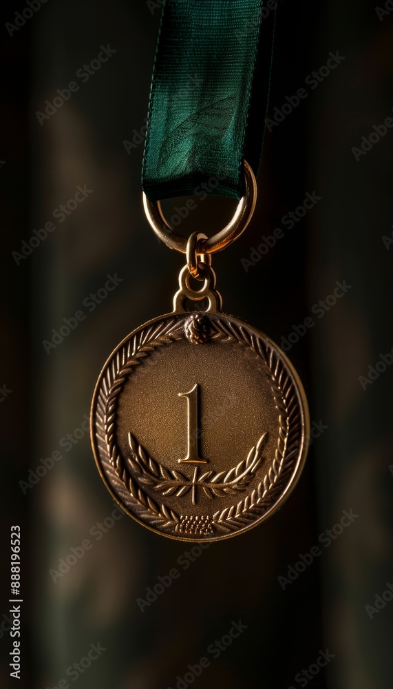 Close-Up of First Place Gold Medal with Green Ribbon, Engraved Number 1 and Laurel Wreath for Awards Ceremony Close-Up of First Place Gold Medal with Green Ribbon, Engraved Number 1 and Laurel Wreath for Awards Ceremony