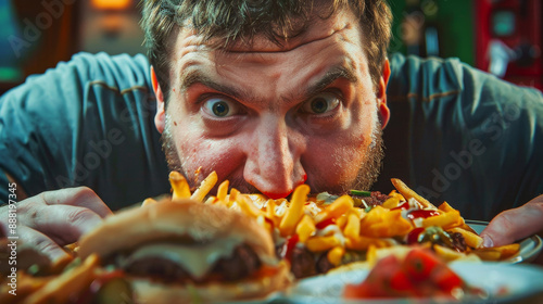 Man eagerly eating fast food with intense expression in a lively restaurant