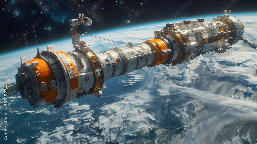 A large, modular space station is being assembled in low Earth orbit, with multiple smaller spacecraft docked to the main structure. A large, modular space station is being assembled in low Earth orbit, with multiple smaller spacecraft docked to the main structure.